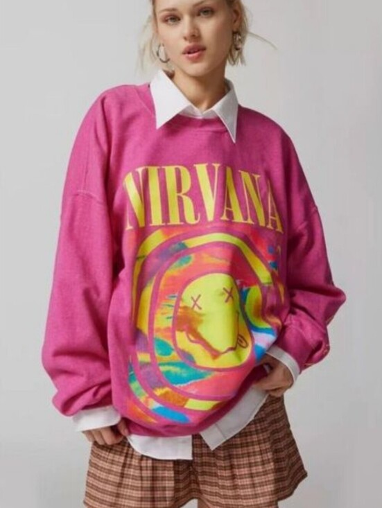 NIRVANA Tops - Nirvana Smile Overdyed Oversized Crew Neck Sweatshirt, Hot Pink, Size XL
